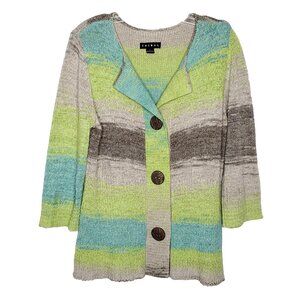 Womens Tribal Cardigan Sweater L Green Beige Stripe 3/4 Sleeve Buttons